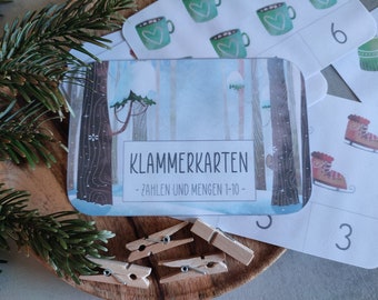Klammerkarten 1-10 WINTER, Zahlen und zählen lernen Montessori, Grundschule, Vorschule, Kindergarten