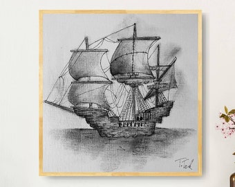 Old Ship on sea / Charcoal and ink sketch on canvas / Vintage wall art by Tek