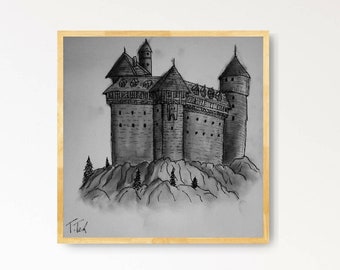 Castle on hill / Drawing original art / Charcoal and ink Sketch on canvas / Black and white wall art / Drawn by PiccTek