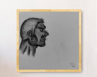 Side profile drawing pt.3 / Drawing original art / Charcoal and ink sketch on small canvas / Black and white / Wall art by Tek