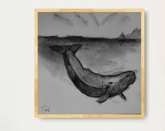Bluewhale by island / Drawing original art / Charcoal and ink sketch / Black and white drawing on canvas / Wall art by Tek