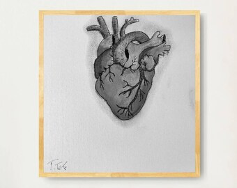 Anatomical Heart / Charcoal and ink sketch on canvas/ Heart drawing / Wall decor / Artwork by Picctek