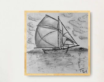Boat on lake / Drawing original art / Charcoal and ink sketch / black and white on small canvas / Drawing by PiccTek