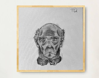 Old man with bowtie / Front profil drawing / Original Art / Charcoal and ink sketch on canvas / Black and white wall art by PiccTek