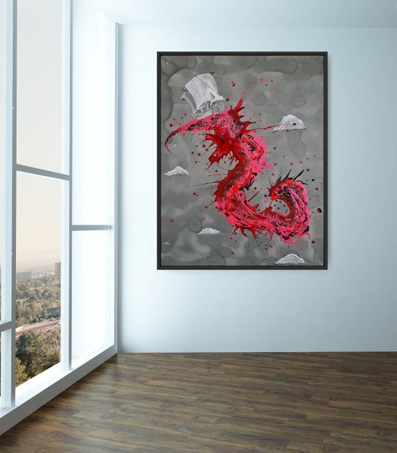 Red Wine Canvas Dragon by Wrapped Canvas Contemporary Passion Ballerina Art Print Splatter Wall Art Print Ink Brick Red Drawing