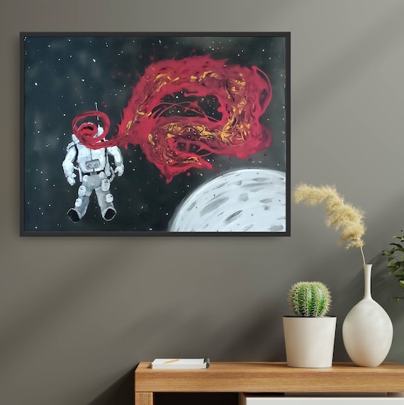 Discovery / Astronaut surreal and abstract painting / Space art / gray and red abstract art on canvas by Tek