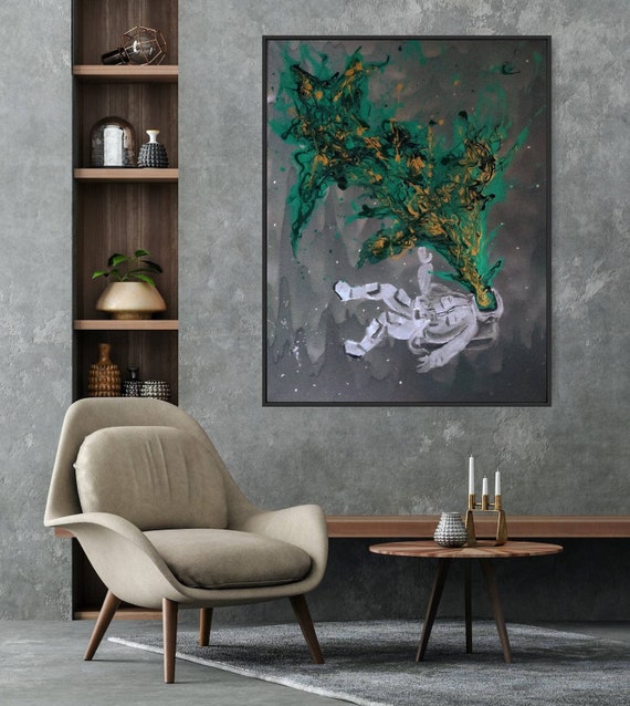 Cosmos Abstract Painting Delight New Acrylic and enamel beautiful green abstract art on canvas with contrasting indulgent colors