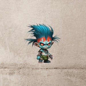 Könnte beinhalten: Eine blaue und rote Comicfigur mit stacheligem blauen Haar und einem grimmigen Ausdruck. Die Figur trägt einen grünen Lendenschurz und hat eine Halskette und Armbänder.
