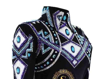 May include: Black show jacket with a white, blue and purple geometric pattern and rhinestones. The jacket has a collar and long sleeves. The back of the jacket has the text "SARA" in gold letters with the words "Where Fashion Meets Tradition" underneath.