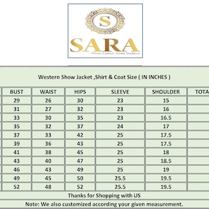 May include: Image of a size chart for Western show jackets, shirts, and coats, with measurements in inches. The chart includes sizes from XXS to 5XL, detailing bust, waist, hips, sleeve, shoulder, and total length measurements.