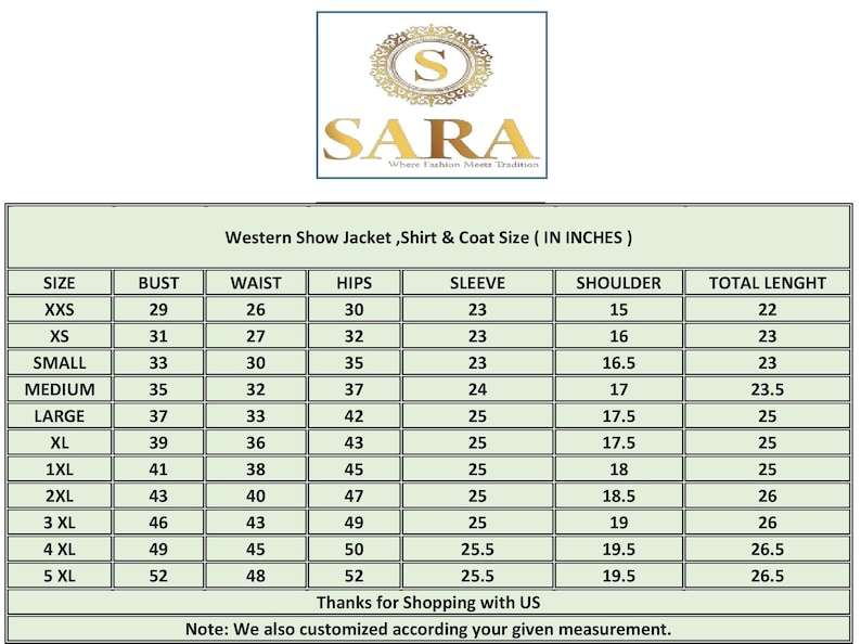 May include: Image of a size chart for Western show jackets, shirts, and coats, with measurements in inches. The chart includes sizes from XXS to 5XL, detailing bust, waist, hips, sleeve, shoulder, and total length measurements.