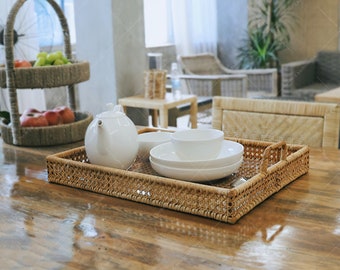 Handwoven Rattan Serving Tray, Stylish Boho Chic Natural Home Decor ,Rattan tray with Transparent Soft Pads
