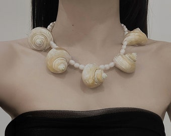 Handmade Large Light Gold Seashell Necklace with Natural Freshwater Pearls, Women's Gift