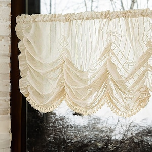 Linen Tie-Up Valance Curtain,Cream Color Stripe Adjustable Sheer  Curtains,Elgent Valance For Bedroom