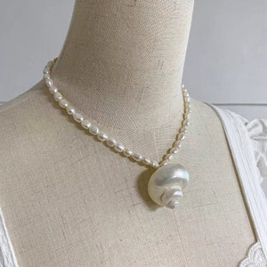 Handcrafted Freshwater Pearl Necklace, Elegant Pearl Necklace with Natural Seashell Pendant, Boho Chic Seashell Necklace, Gift for Her