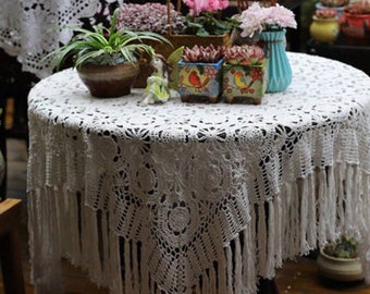 Boho Floral Crochet Tablecloth With Tassel | Rustic Style Floral Lace Tablecloth for Wedding | Farmhouse Shabby Chic Macrame Tablecloth