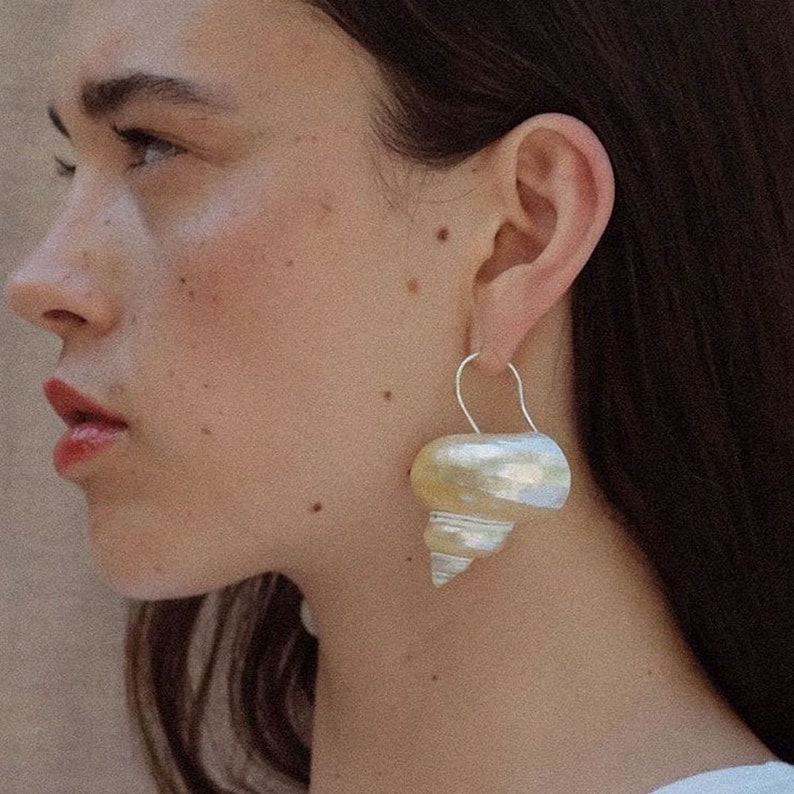 Natural Large white luminous conch earrings Handmade unique conch earrings Bohemia Shell Earrings for Women Gift for her image 1