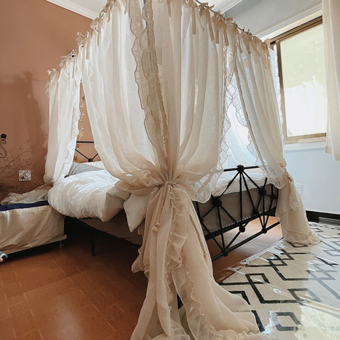 French Style Lace Canopy Bed Curtains With Ties Farmhouse 4 Etsy