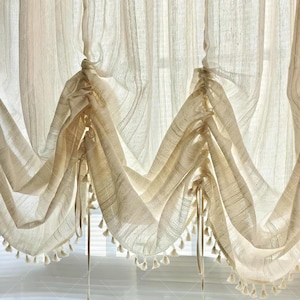 One Panel Rod Pocket Linen Tie-Up Valance Curtain,Cream Color Stripe Adjustable Sheer Curtain,Elgent Valance For Bedroom