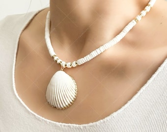 Handcrafted Scallop Shell Necklace: Beach Style Ceramic Bead Jewelry