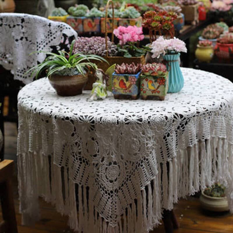 Boho Floral Crochet Tablecloth With Tassel | Rustic Style Floral Lace Tablecloth for Wedding | Farmhouse Shabby Chic Macrame Tablecloth