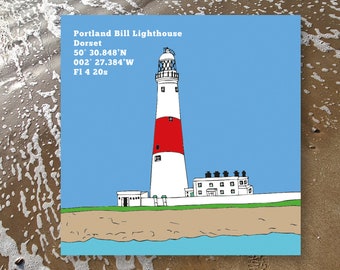 CARD Portland Bill illustrated lighthouse greetings card with coordinates and light phase