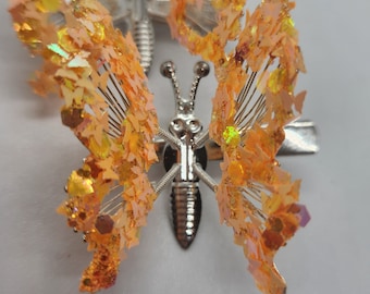 Orange Pair of Glitter Butterfly Moving Hair Clips