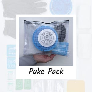 Botiquín portátil de primeros auxilios esencial Puke Pack. Ofrece atención y limpieza para niños o adultos enfermos, en casa, la escuela, el trabajo o el coche.