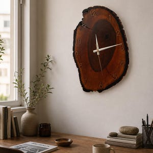 Live Edge Wood Clock, Rustic Farmhouse Natural Wall Art, Handmade Tree Slice Home Decor
