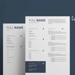 May include: A two-page resume template in a minimalist style with a dark blue background. The template is designed for a SQL Developer and includes sections for personal information, hard skills, technical skills, education, and experience.