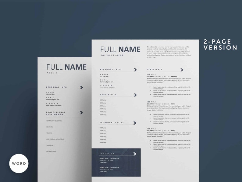 May include: A two-page resume template in a minimalist style with a dark blue background. The template is designed for a SQL Developer and includes sections for personal information, hard skills, technical skills, education, and experience.