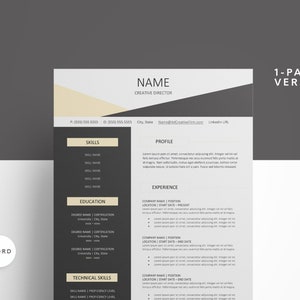 Può includere: Un modello di curriculum vitae in bianco e nero con un accento beige. Il modello è progettato per un direttore creativo e include sezioni per competenze, profilo, esperienza, istruzione e competenze tecniche.