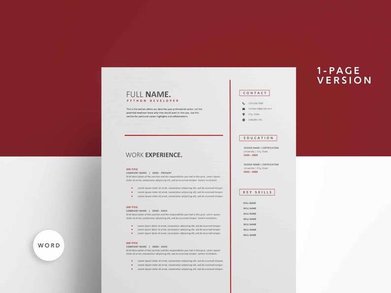 Peut inclure: Un mod&egrave;le de CV blanc avec un en-t&ecirc;te rouge. Le CV est pour un d&eacute;veloppeur Python et comprend des sections pour les coordonn&eacute;es, la formation, l'exp&eacute;rience professionnelle et les comp&eacute;tences cl&eacute;s.