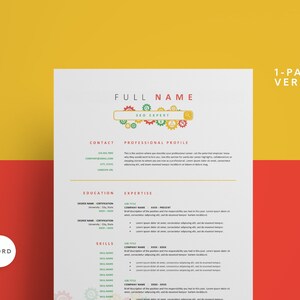 Può includere: Un modello di curriculum vitae bianco con un'icona di ingranaggio verde, giallo e blu nell'intestazione. Il testo "FULL NAME SEO EXPERT" è nell'intestazione. Il curriculum include sezioni per informazioni di contatto, profilo professionale, istruzione, esperienza e competenze.