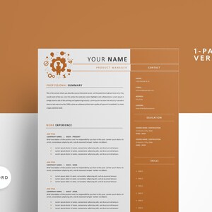Può includere: Un modello di curriculum vitae di una pagina con sfondo marrone e testo bianco. Il curriculum vitae include sezioni per il riepilogo professionale, l'esperienza lavorativa, l'istruzione, le competenze e le informazioni di contatto. Il modello presenta un'icona di ingranaggio con una persona all'interno, che rappresenta un product manager.
