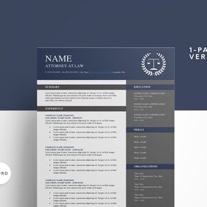 Può includere: Un modello di curriculum vitae blu scuro e grigio per un avvocato. Il modello include sezioni per il riepilogo, l'esperienza, l'istruzione, le competenze e le organizzazioni. Il modello include anche un logo di una bilancia della giustizia con una corona di alloro.