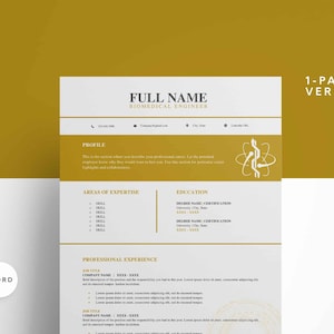 Può includere: Un modello di curriculum vitae di una pagina per un ingegnere biomedico. Il modello include una sezione di profilo, aree di competenza, istruzione ed esperienza professionale. Il curriculum vitae è progettato in uno stile moderno e professionale con uno schema di colori oro e bianco.