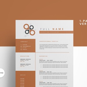 Può includere: Un modello di curriculum vitae bianco e grigio con uno sfondo marrone. Il curriculum è per uno specialista di marketing e include sezioni per informazioni di contatto, profilo professionale, istruzione, esperienza e competenze. Il modello è progettato per essere di una sola pagina.
