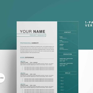 Può includere: Un modello di curriculum vitae di una pagina con uno schema di colori verde acqua e bianco. Il curriculum vitae include sezioni per le informazioni di contatto, l'istruzione, l'esperienza lavorativa, le competenze e un riepilogo professionale. Il testo "YOUR NAME" e "PROJECT MANAGER" si trova nella parte superiore della pagina.