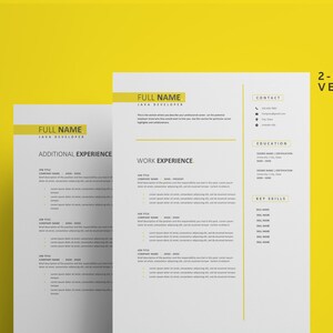 May include: A two-page resume template in a minimalist style with a yellow accent colour. The template includes sections for contact information, education, work experience, additional experience, and key skills. The text "FULL NAME JAVA DEVELOPER" appears at the top of the page.