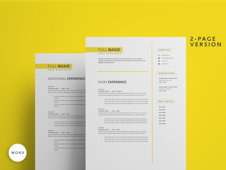 May include: A two-page resume template in a minimalist style with a yellow accent colour. The template includes sections for contact information, education, work experience, additional experience, and key skills. The text "FULL NAME JAVA DEVELOPER" appears at the top of the page.