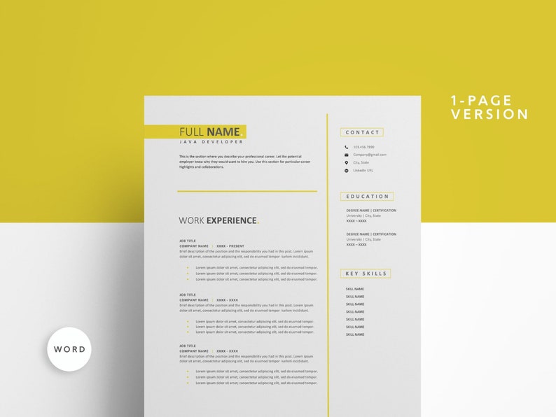 May include: A one-page resume template with a yellow background and white text. The template includes sections for contact information, work experience, education, and key skills. The text "FULL NAME JAVA DEVELOPER" is at the top of the page.