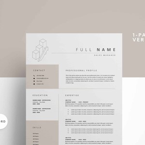 Può includere: Un modello di curriculum vitae minimalista in uno schema di colori marrone chiaro. Il modello presenta una semplice grafica di cubi impilati con una freccia che punta verso l'alto. Il testo "FULL NAME" e "SALES MANAGER" è in cima alla pagina. Il modello include sezioni per informazioni di contatto, profilo professionale, istruzione, esperienza, competenze e un logo "WORD".