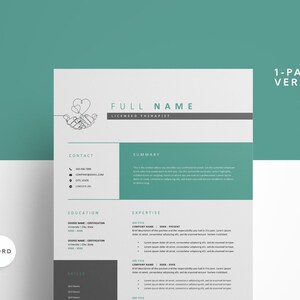 Plantilla de cv del terapeuta con licencia + carta de presentación y página de referencia compatible con ATS