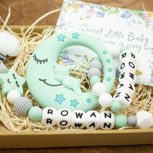 Moon and stars dummy clip with name mint | Personalised pacifier clip | Baby shower | Dummy clip and rattle | mint, grey, white