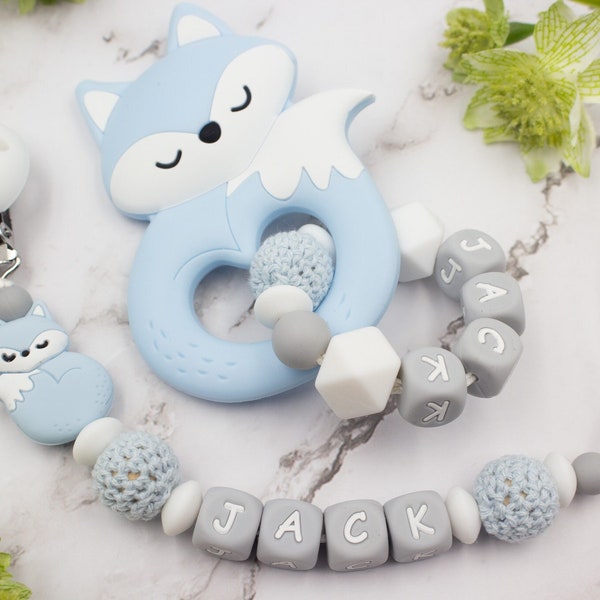 Light blue fox dummy clip with name | Personalised pacifier clip | Baby shower, New Baby Arrival gift box boy | blue, grey, white