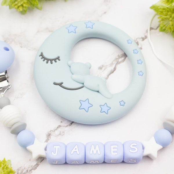 Moon and stars dummy clip with name | Personalised pacifier clip | Baby shower, New Baby Arrival, Christening gift set | Blue, grey, white