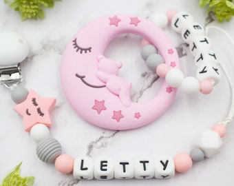 Pink moon and stars dummy clip  and rattle set | Custom dummy clip | Baby shower, New Baby Arrival girl gift box | Pink, grey, white