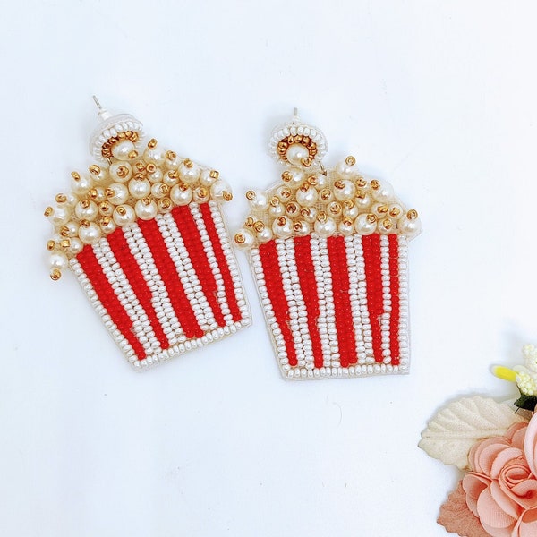 Pop Corn Beaded Earrings, Faux Pearl Pop Corn Earrings, Quirky Beaded Earrings, Red Beaded Earrings, Statement Earrings, Pop Corn Earrings
