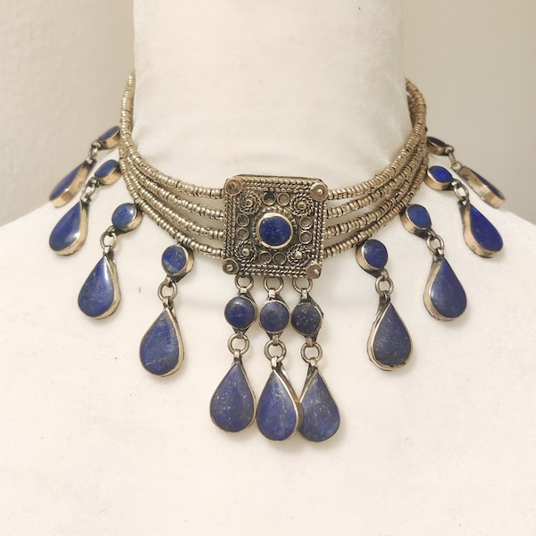 Bijoux afghans, collier ras de cou afghan, collier bohème, collier Kutchi, collier lapis vintage, tour de cou afghan, collier plastron afghan